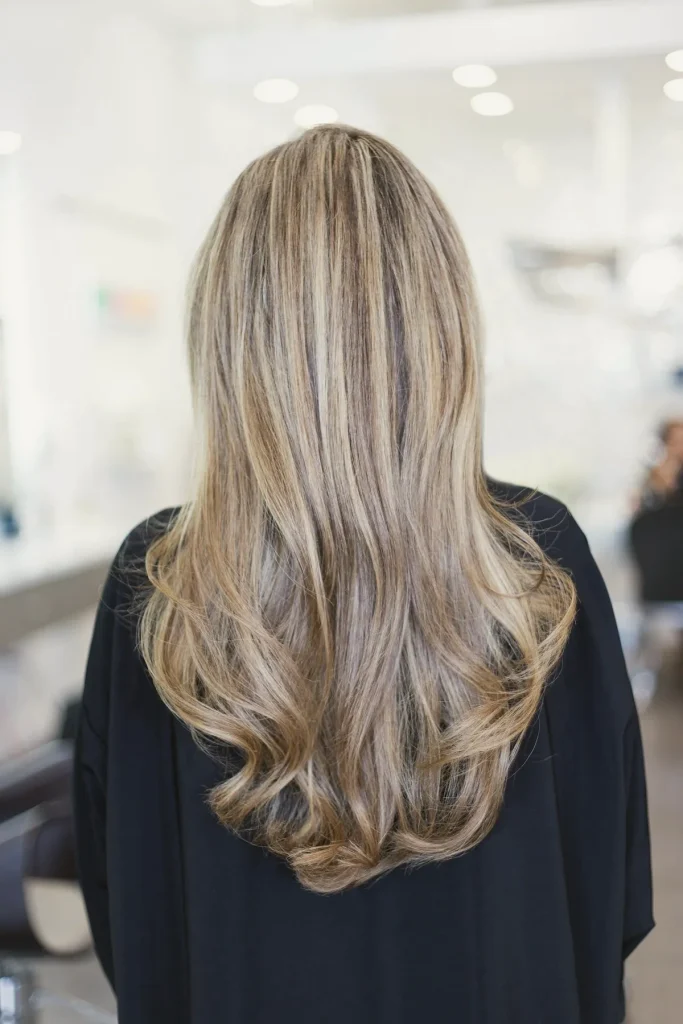 Melena larga con balayage rubio vista de espaldas